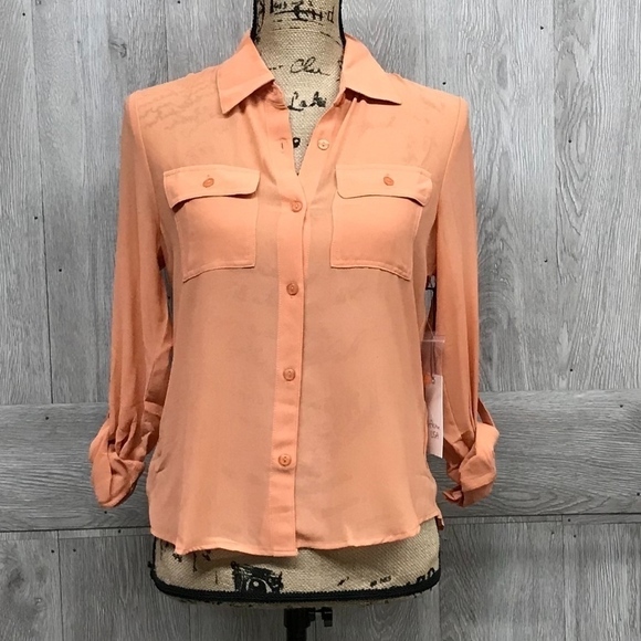 Semi Sheer Peach Double Pocket Polyester Top BB984 - Picture 3 of 6